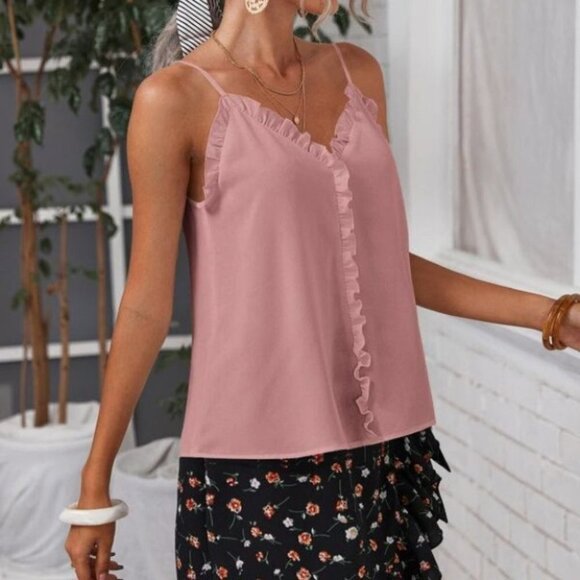 Boho dusty pink frill trim V neck cami top - Picture 4 of 5